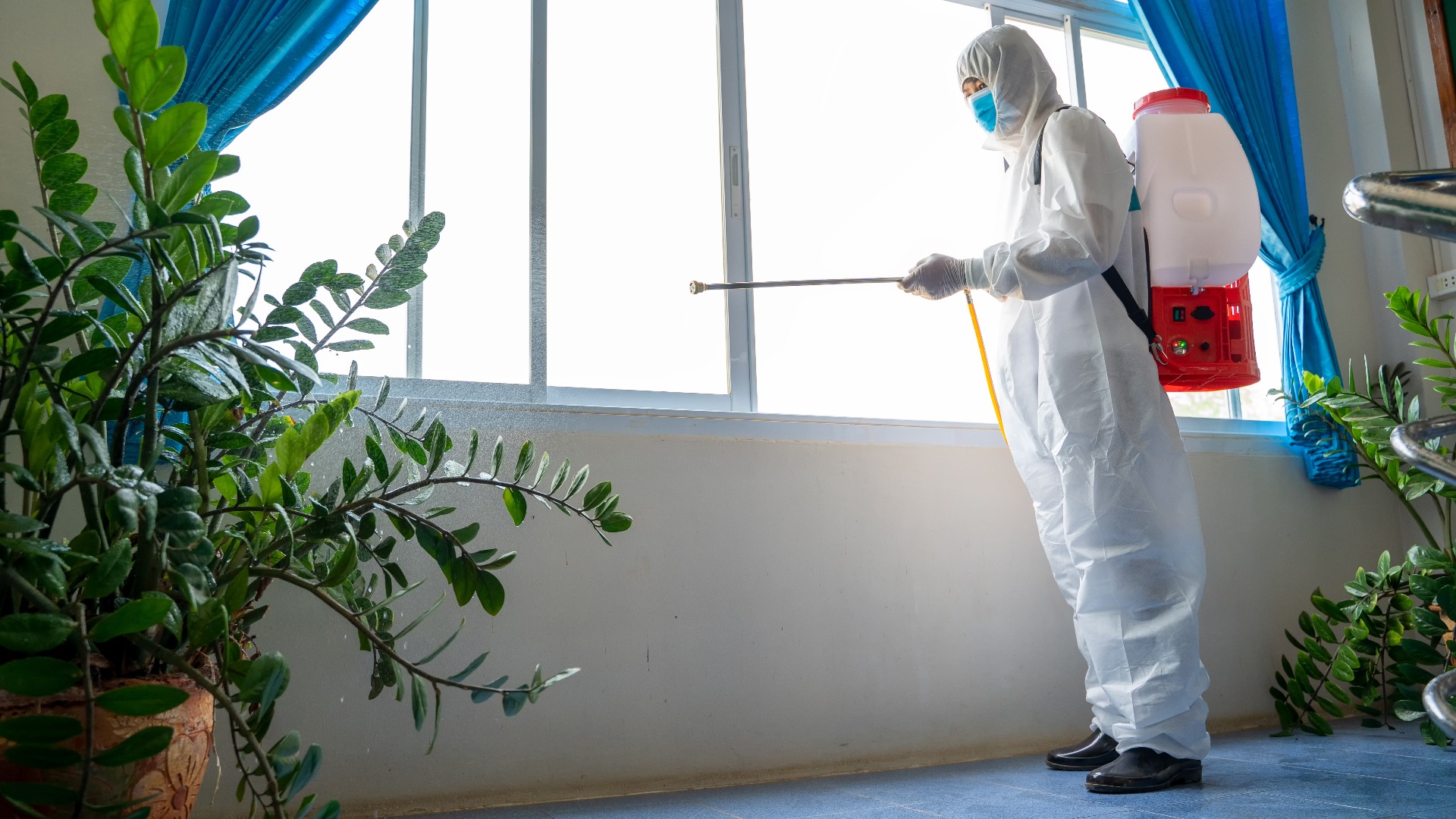 Konzept für gute Hygiene im Haushalt: Ein Mann in Schutzkleidung (Hazmat-PSA) und mit einer Schutzmaske zum Schutz vor Covid-19 führt Reinigungsarbeiten durch und tötet Keime im Haushalt ab.